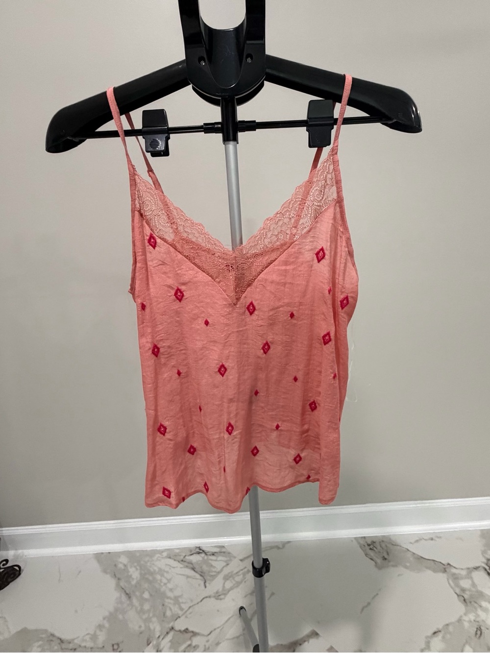 Active USA Coral Pink Lace-Trim Camisole with Embroidered Accents